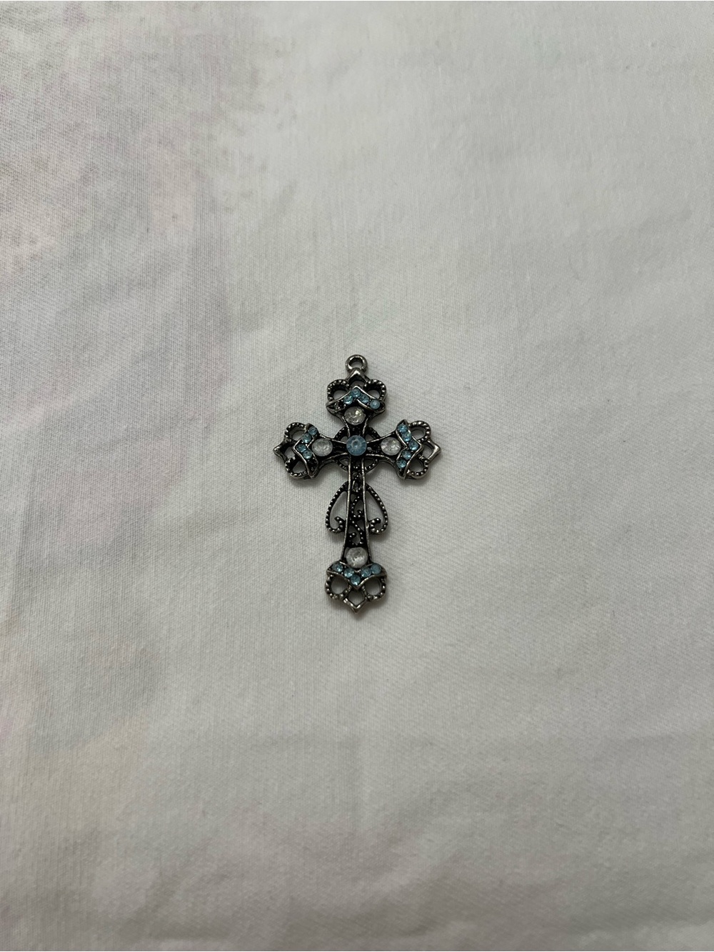 Silver Tone Blue & White Rhinestones Cross Pendant Charm